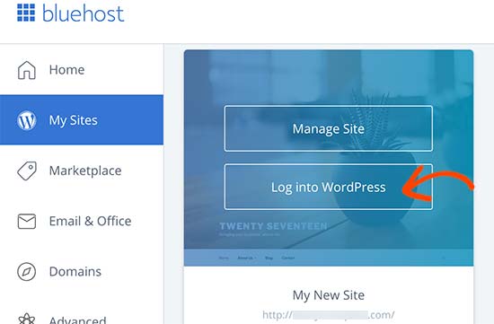 Cliquez sur Connexion - WordPress sur Bluehost