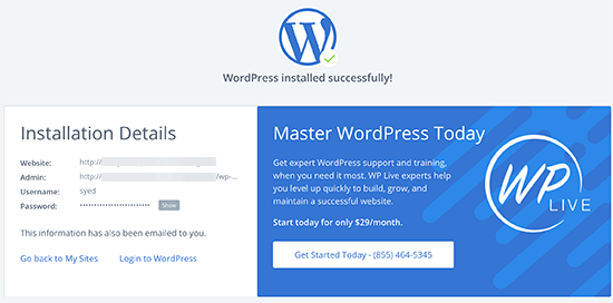 Success Message - install WordPress on bluehost