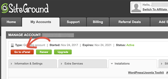 Click on cPanel - install WordPress on Siteground