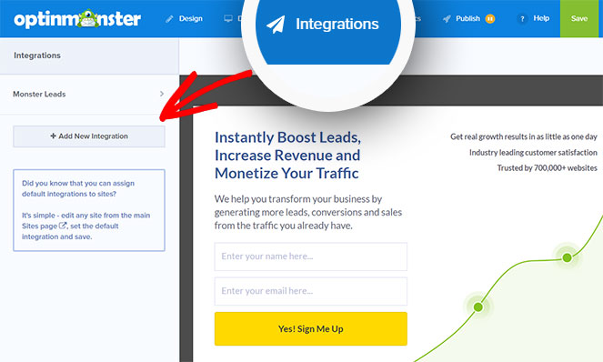 add new integration optinmonster - how to create an email newsletter