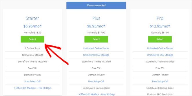 Elija un plan de Bluehost