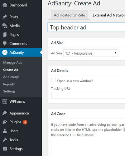create ads in adsanity
