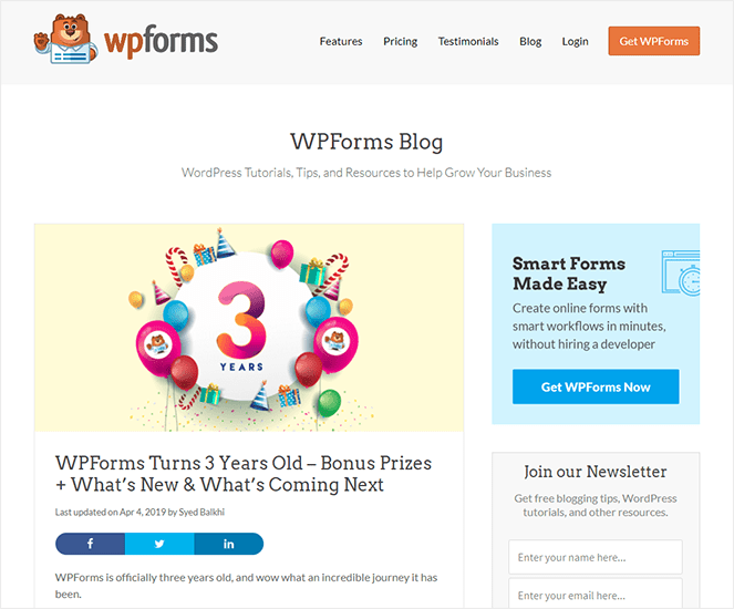 WPForms anniversary type of blog post