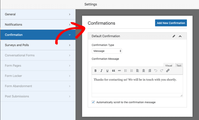 WPForms confirmation setting