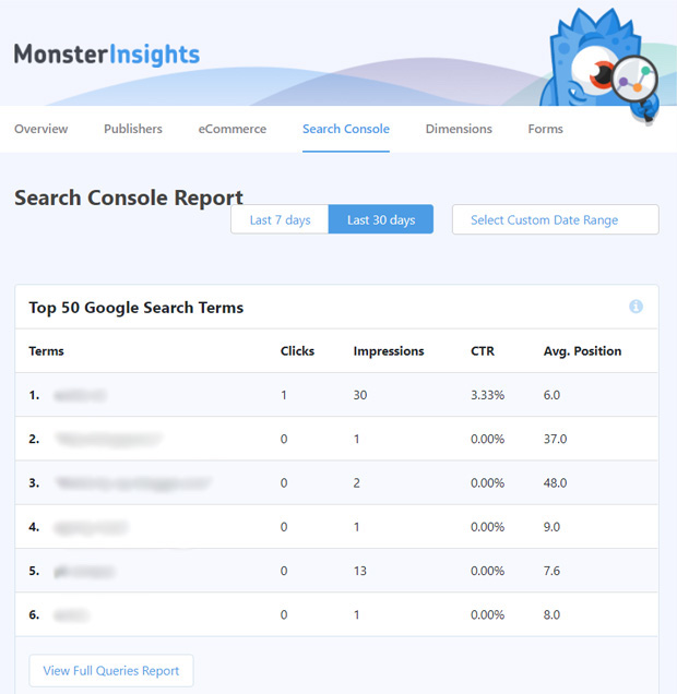 Informe de la consola de búsqueda de MonsterInsights