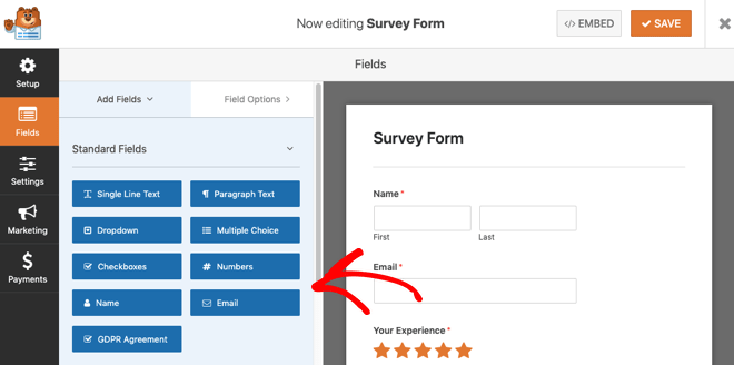 Standard fields in WPForms Survey Template