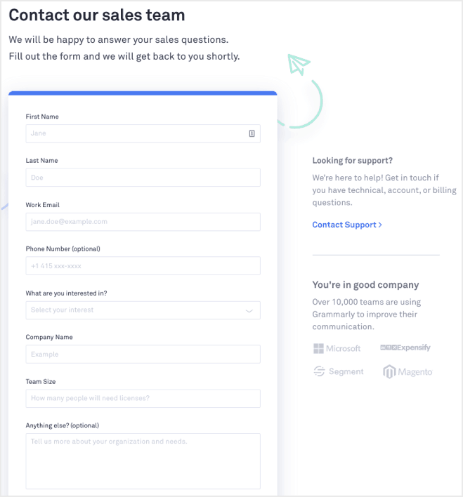 grammarly contact form for sales