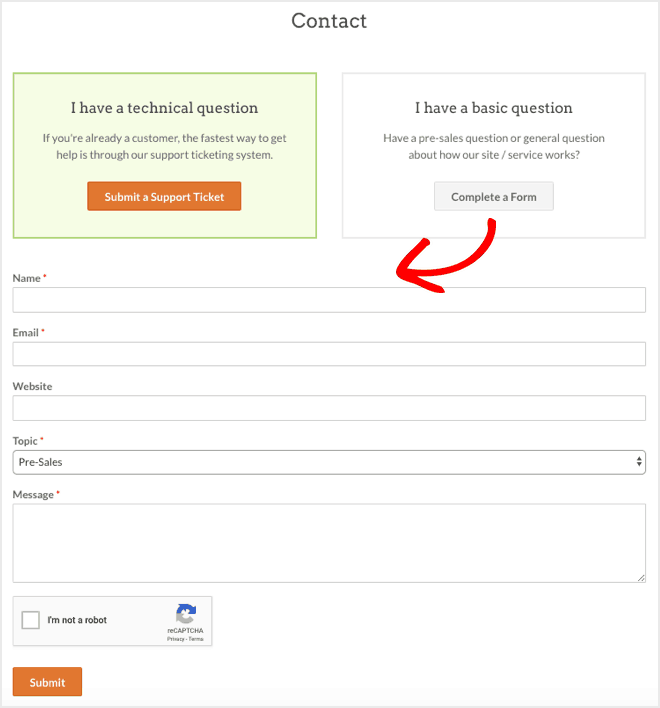 wpforms basic question contact form