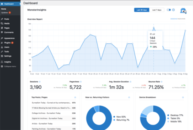 Monster Insights main page. It will allow you to check the number of visitors on your WordPress dashboard. 