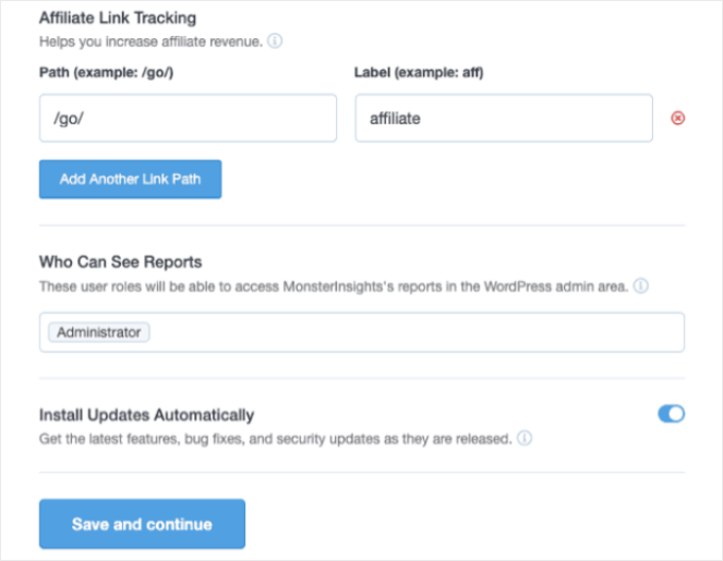 Affiliate Link Tracking 
Who Can See Reports 
Install Updates Automatically 