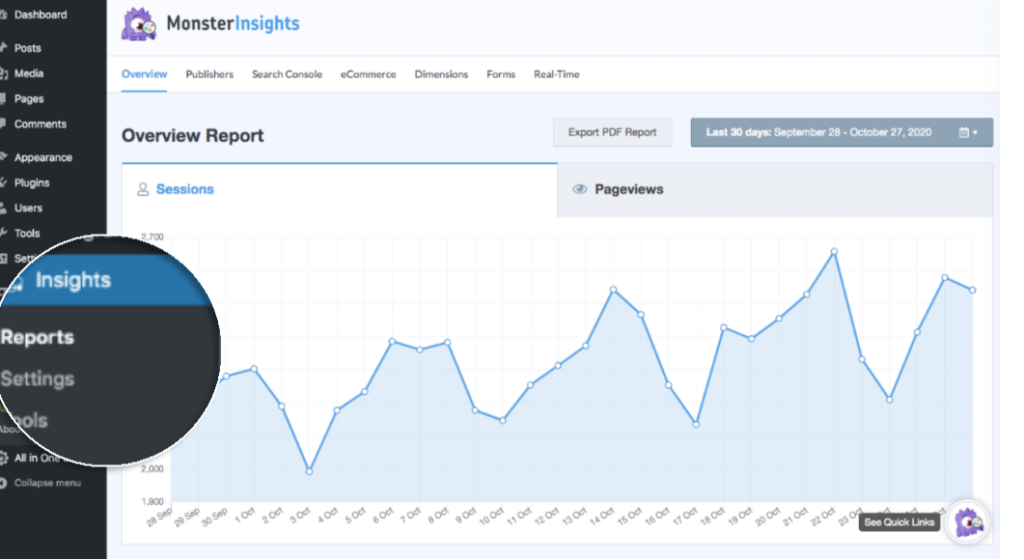 Click insights and then reports to view your Monster Insights report 