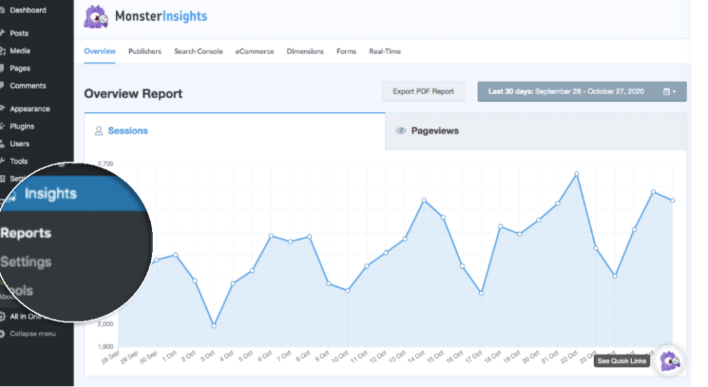 Haga clic en Insights y luego en informes para ver su informe de Monster Insights. 