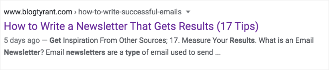 "How to write a newsletter that gets results (17 tips)" Example of what an SEO title tag is 