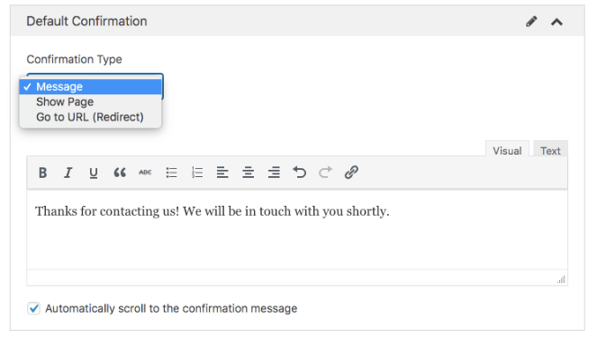 Confirmation types include message, show page and go to URL (redirect) 