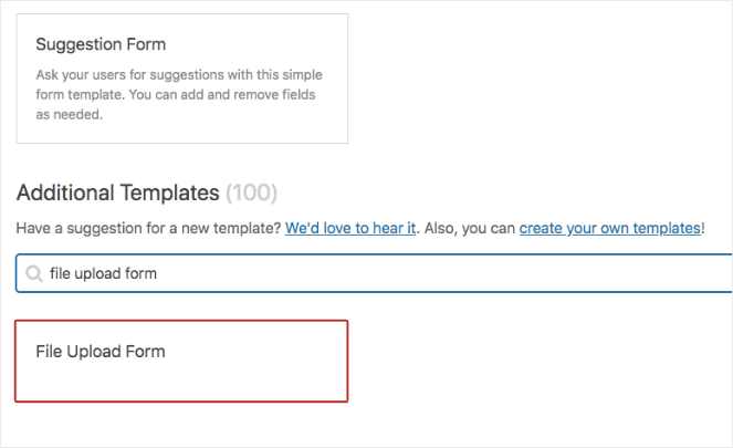 Type in File Upload form to find the right WPForms template 