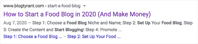 "How to Start a Food Blog in 2020 (And Make Money)" keyword examples in the SEO title 