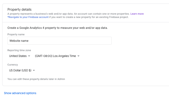 Enter your property name, time zone, and currency 
