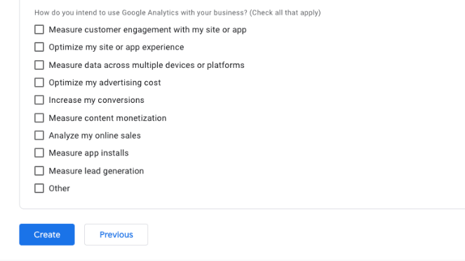 Choose how you intend to use Google Analytics with your business 