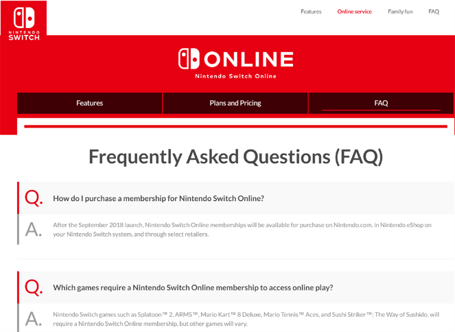 nintendo FAQ page