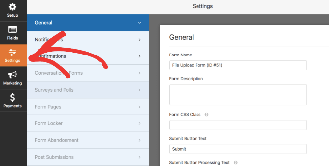 The general settings of the image upload form 