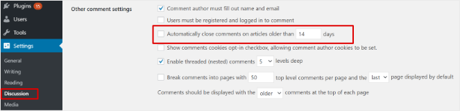 wordpress dashboard uncheck automatically close comments on articles older than 14 days