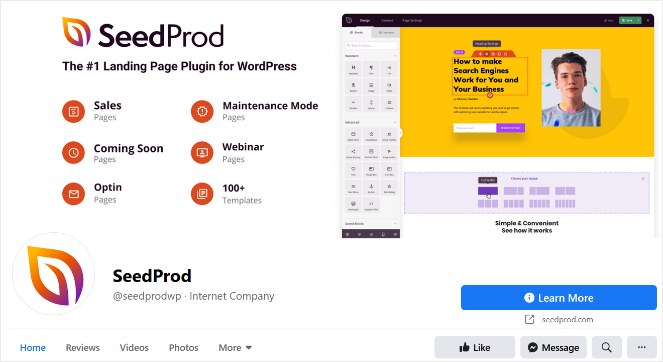Facebook page from SeedProd