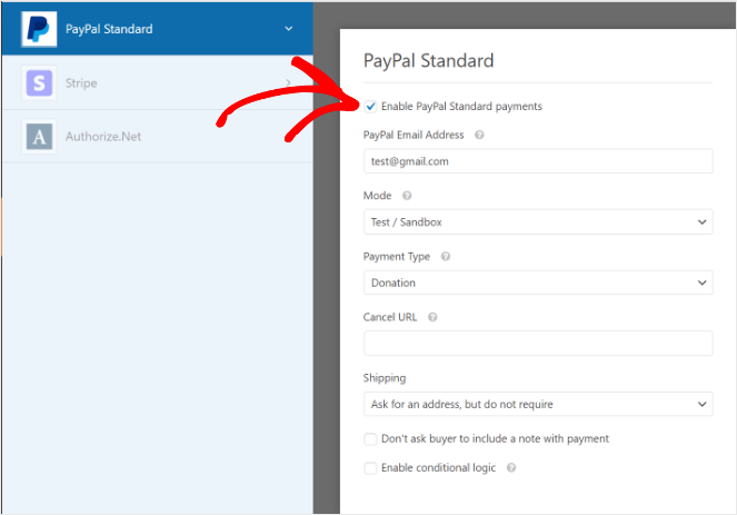 enable PayPal standard payments