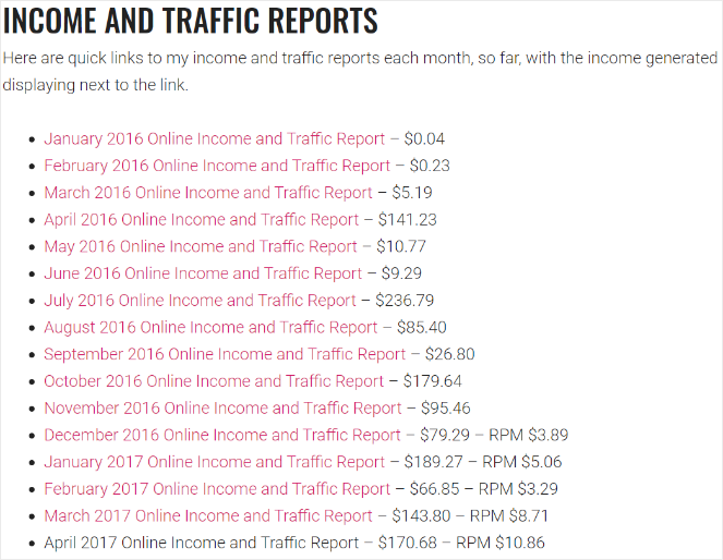 Income reports for blogs