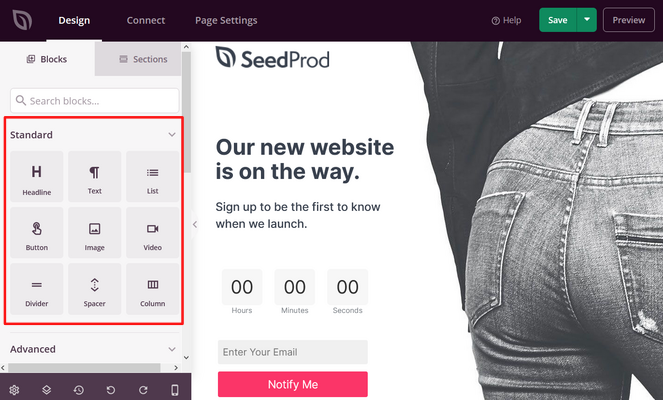 standard landing page blocks from seedprod