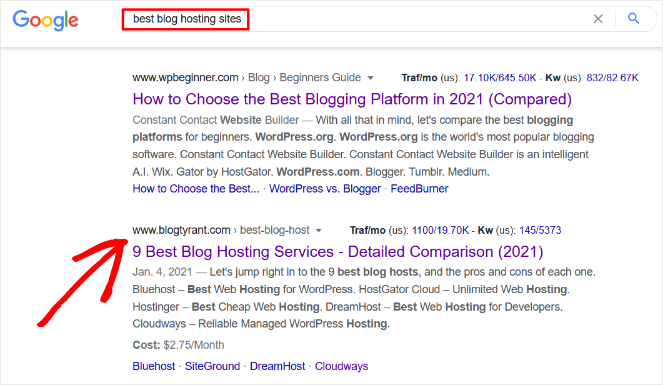 best-blog-hosting-sites-keyword - Blog Tyrant example of ranking for a secondary keyword