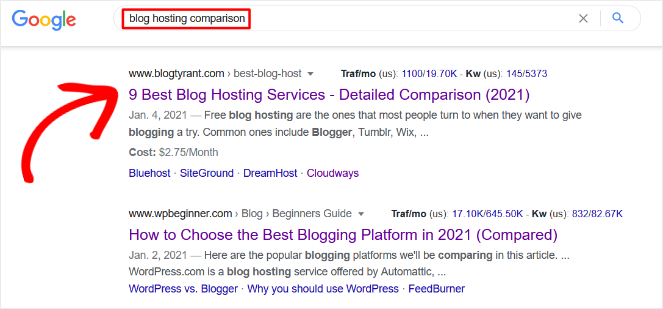 blog-hosting-comparison-ranking - Blog Tyrant ranking for multiple keyword example