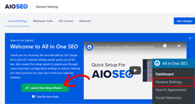 launch the setup wizard for all in one seo