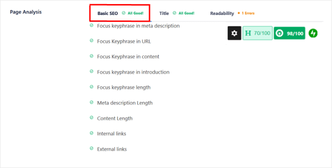 all in one seo basic seo score