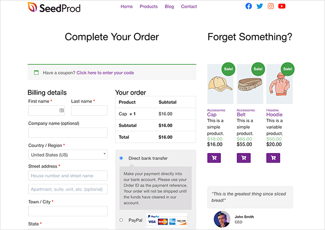 custom checkout page created with seedprod
