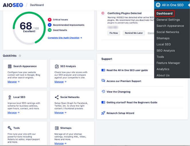 gérer le référencement à partir du tableau de bord de référencement tout-en-un dans wordpress 