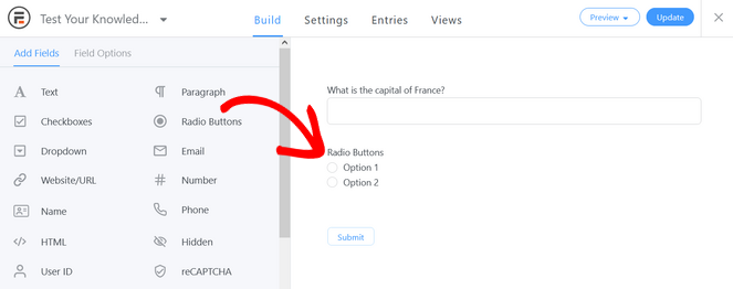 add a multiple choice question using the radio buttons field