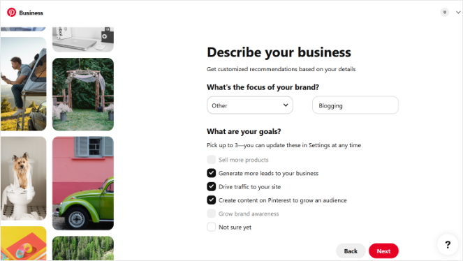 choose focus and business goals for pinterest