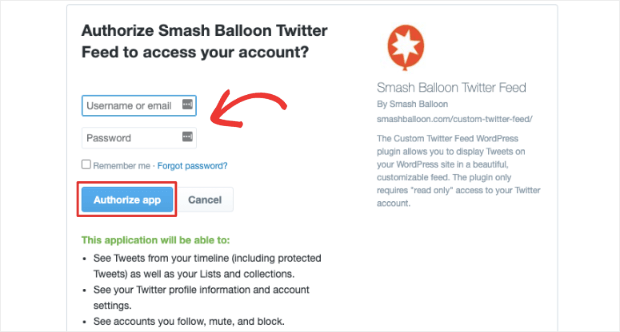 authorize smash balloon for twitter