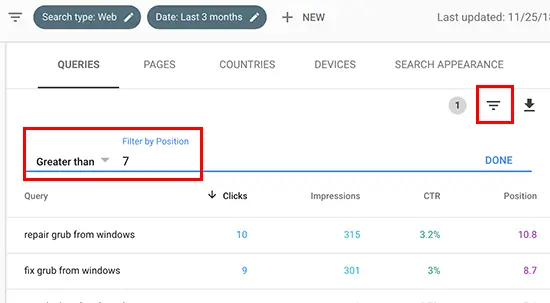 filter keywords by position