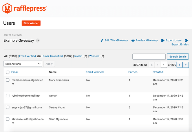 manage giveaway entries from the wordpress dashboard