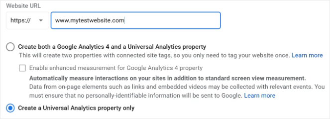 Select create a universal analytics property only