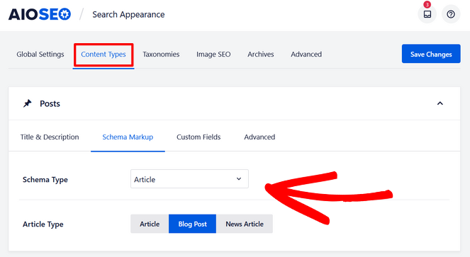 select schema type and article type for posts