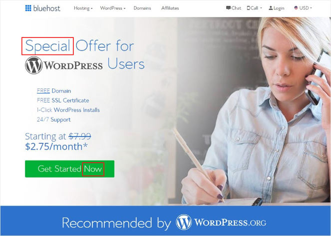 bluehost-landing-page-greed-words - Blog Tyrant greed power words on landing page