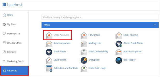 Bluehost email accounts manage