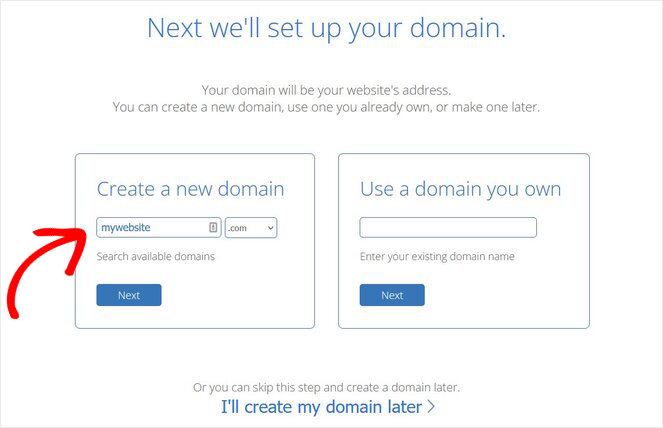 Choose a free domain name bluehost