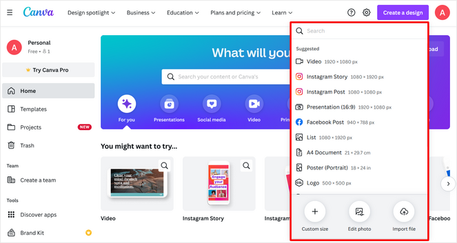 Choose Canva design size