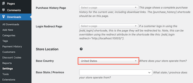 Select your country in Easy Digital Download settings