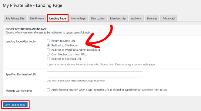 Configure landing page settings in My Private Site