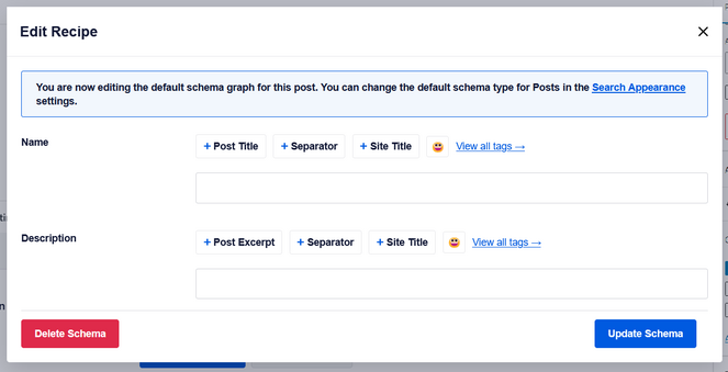 Add name, description, and author for the recipe schema