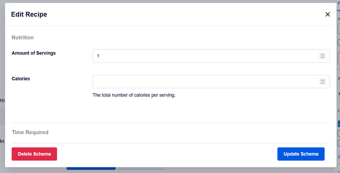 Nutrition and cooking time information for recipe schema